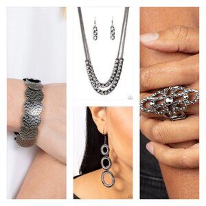 Black/Gunmetal Necklace, Bracelet, Earrings, and Ring